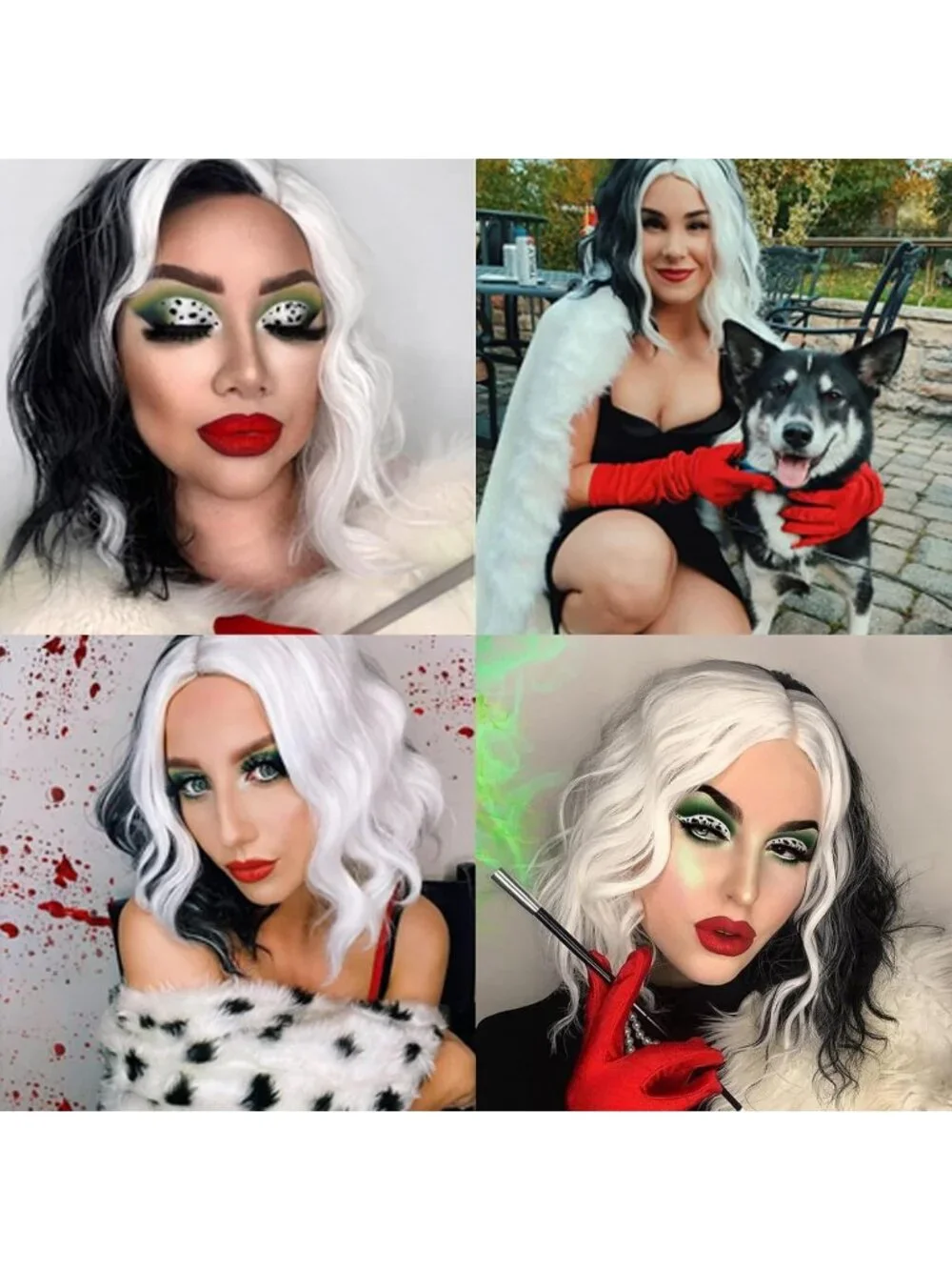 Women's Black White Wavy Curly Bob Wig Heat Resistant Cosplay Halloween Party